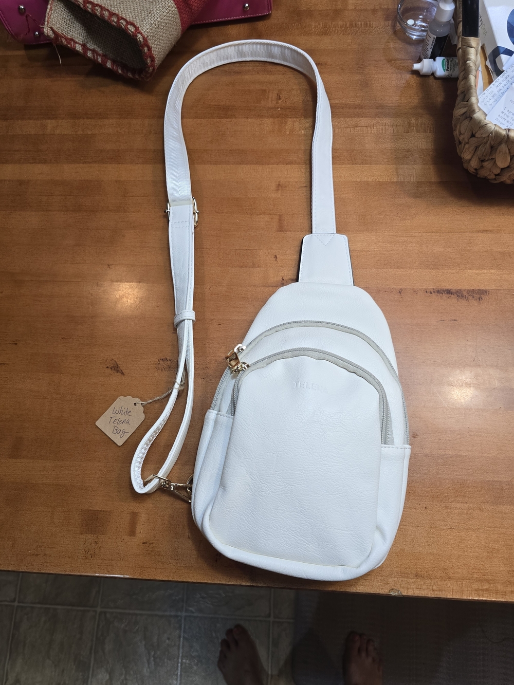 White Crossbody Sling Bag with Gold Accents